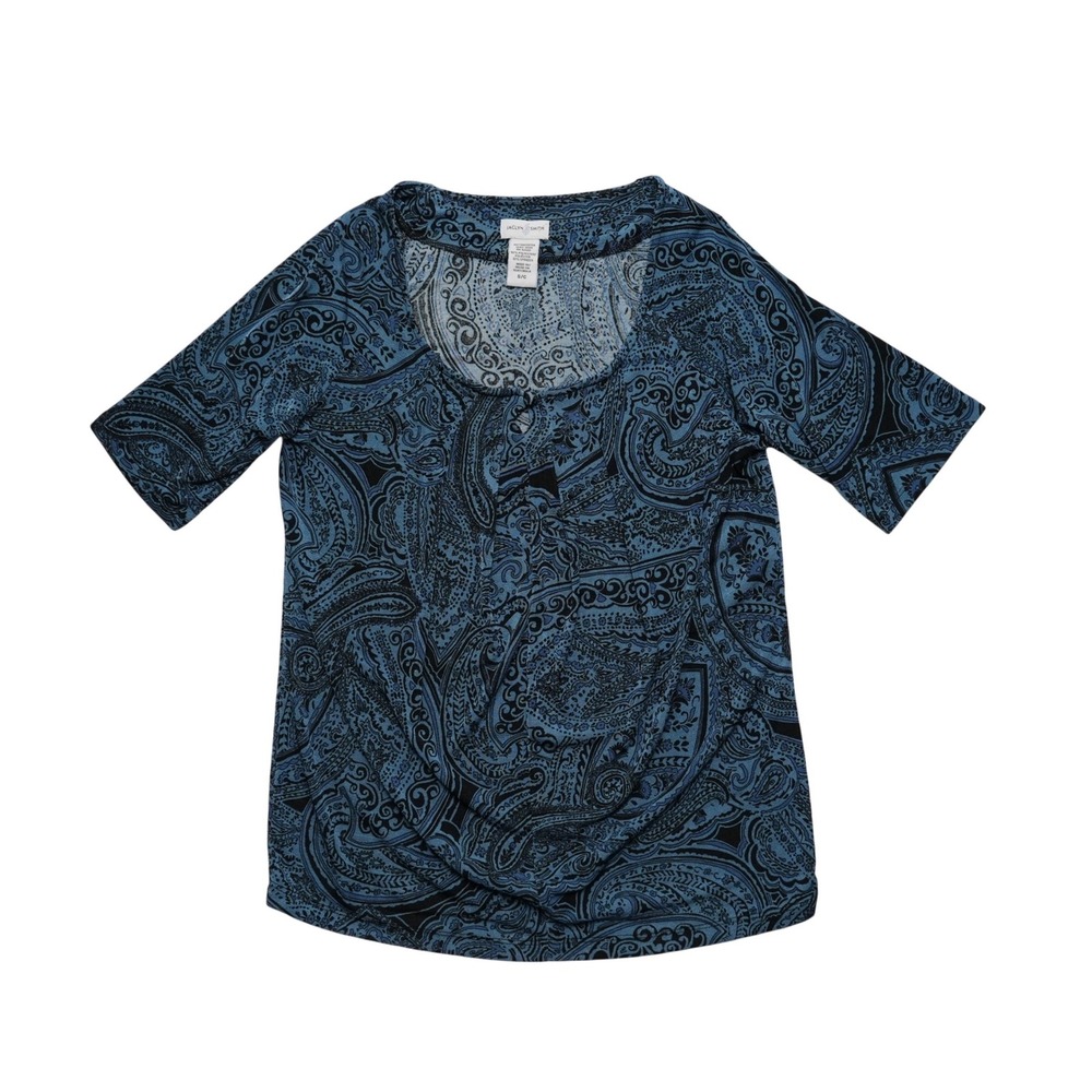 Jaclyn Smith Paisley Blouse Womens Small Blue Black Pleated‎ Scoop Neck Top
